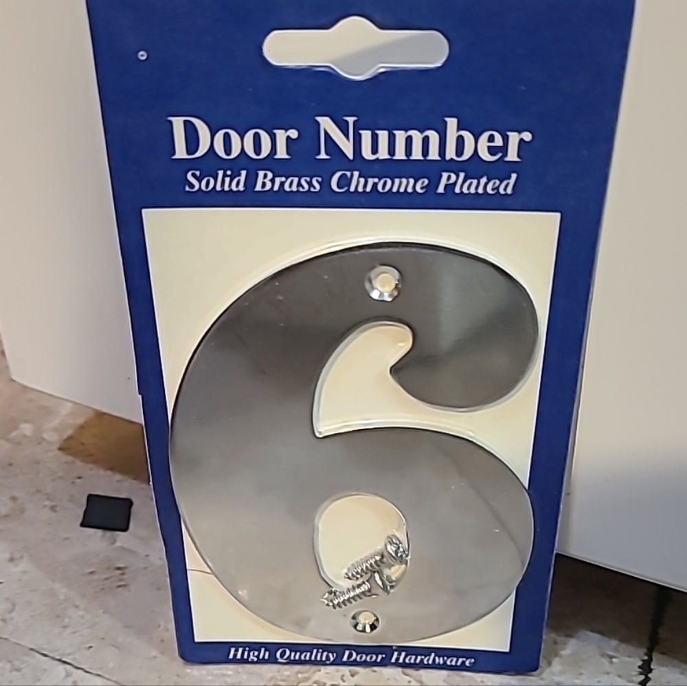#6 Door/House Number (Hardware) Solid Brass Chrome Plated New Sealed.
